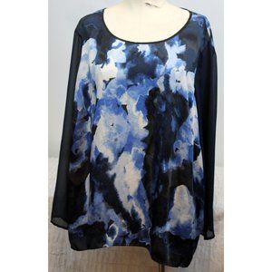 DKNY Woman Blouse Sz 3XL Sheer Long Sleeve Blue White Printed Watercolor Pattern